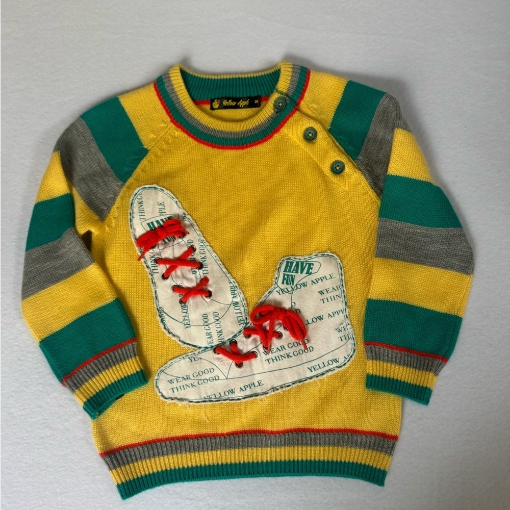 Yellow and Green Striped Sweater with Shoe Design